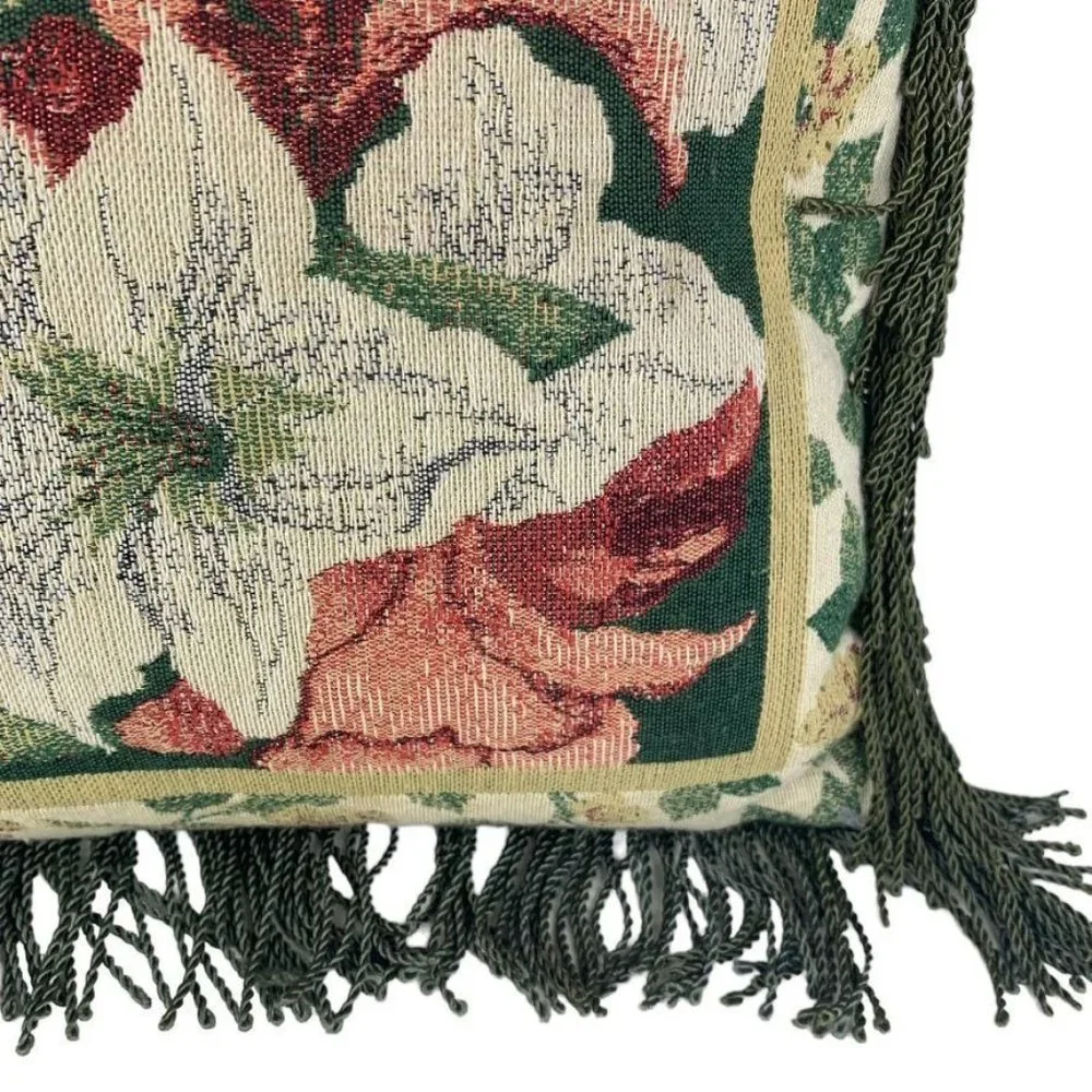 Square Floral Tapestry Throw Pillow Fringe Lillies 14.5